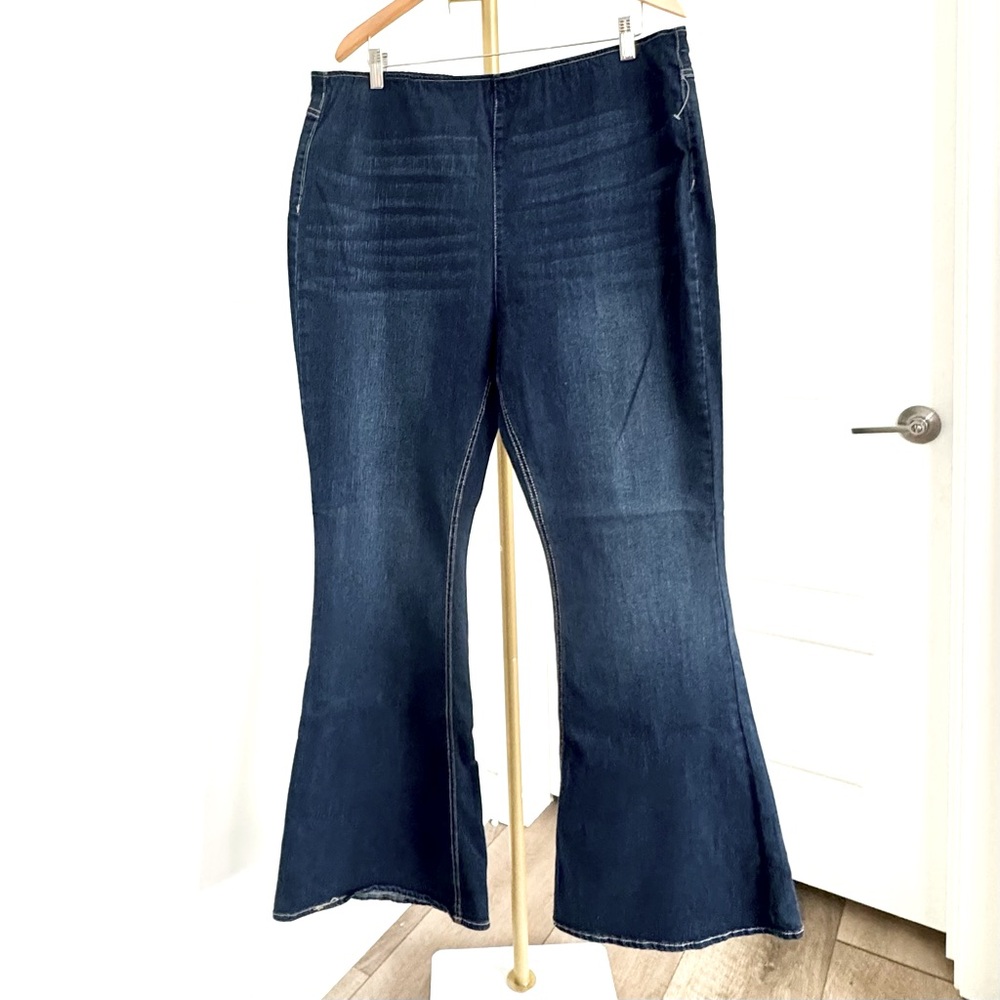 Retro Plus Size Flare Jeans Pull On Flat Front High Rise Dark Wash XXXL‎ 70s